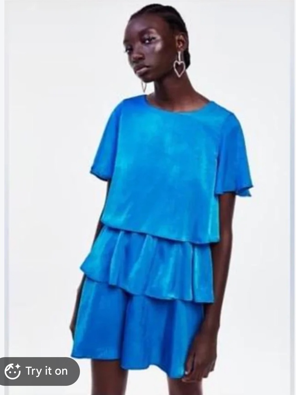 Zara Blue Silky Satin Tiered Ruffle Short-Sleeve Dress. Open Back. Feminine. L